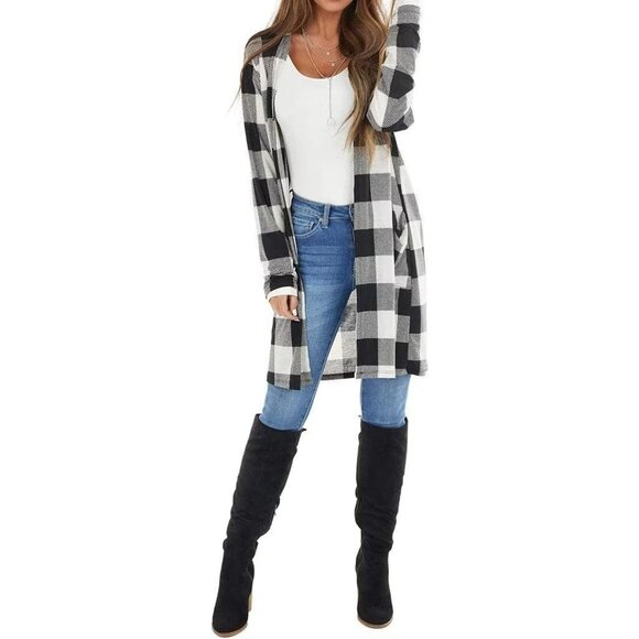Women's Buffalo Plaid Knit Long Cardigan V Neck Pockets Plus Size - Picture 3 of 6